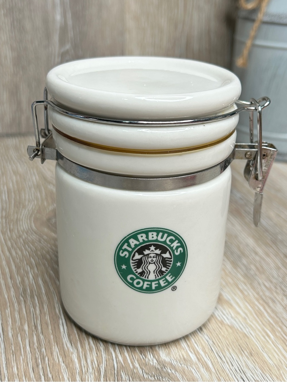 Starbucks White Ceramic Canister with Green Logo and Silver Clasp